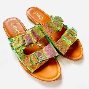 Rouge! Iridescent Two Buckle Slides Sandals 8.5 Extra Celestial